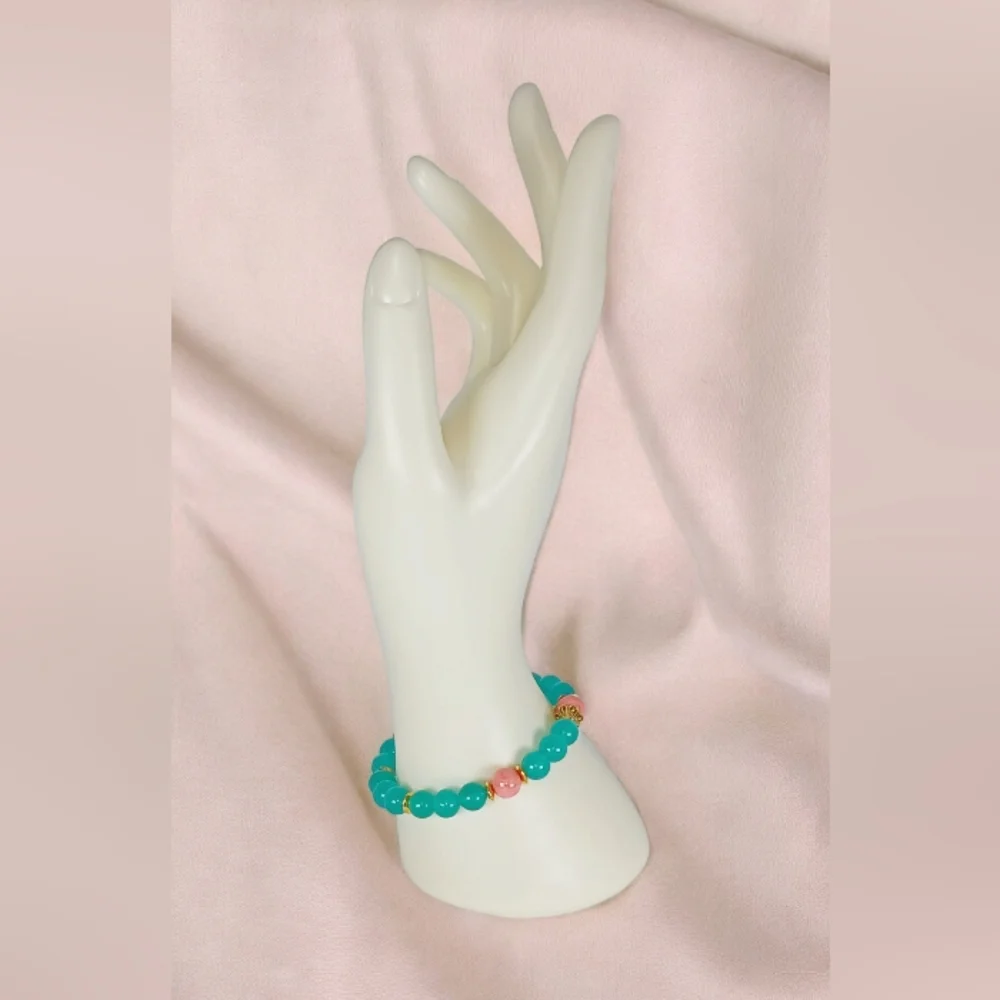 Teal Chrysoprase Peach Jade Stretch Bracelet Western Aztec Southwestern Beachy